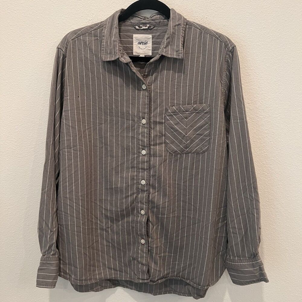 Aerie Women’s Button Down Shirt Sz S Oversized Gray And White Preppy School